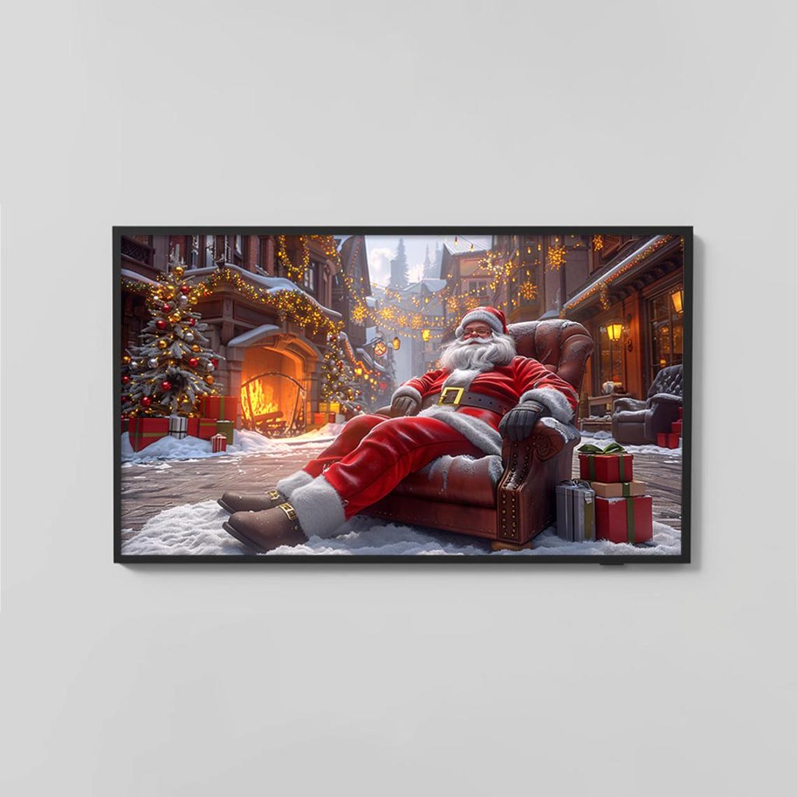 Santa Claus Resting in Armchair Snowy Village Festive Poster - Image 2