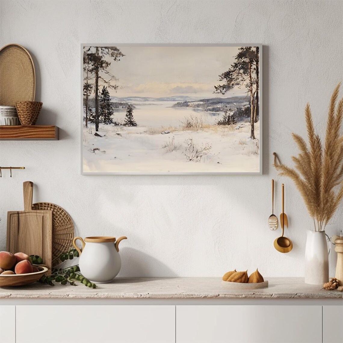 Winter Landscape Oil Painting Snowy Forest And Lake Wall Art - Image 4