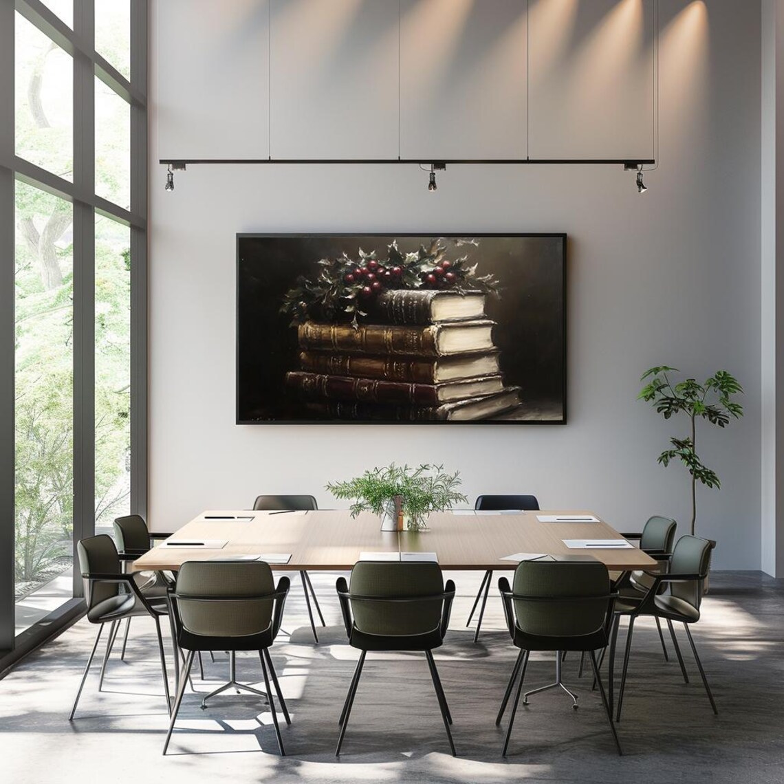 Vintage Book Stack With Holly Berries Dark Still Life Poster - Image 3