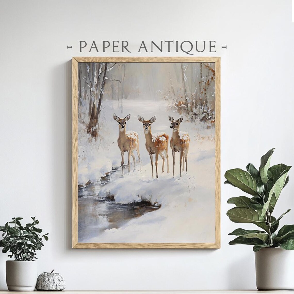 Three Deer By Snowy Stream Winter Forest Vintage Painting Poster - Image 4
