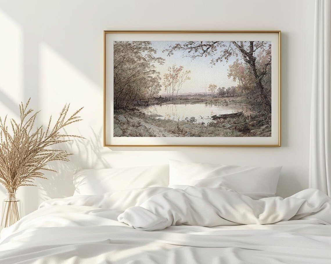 Serene Riverbank Watercolor Trees Canoe Peaceful Morning Poster - Image 2