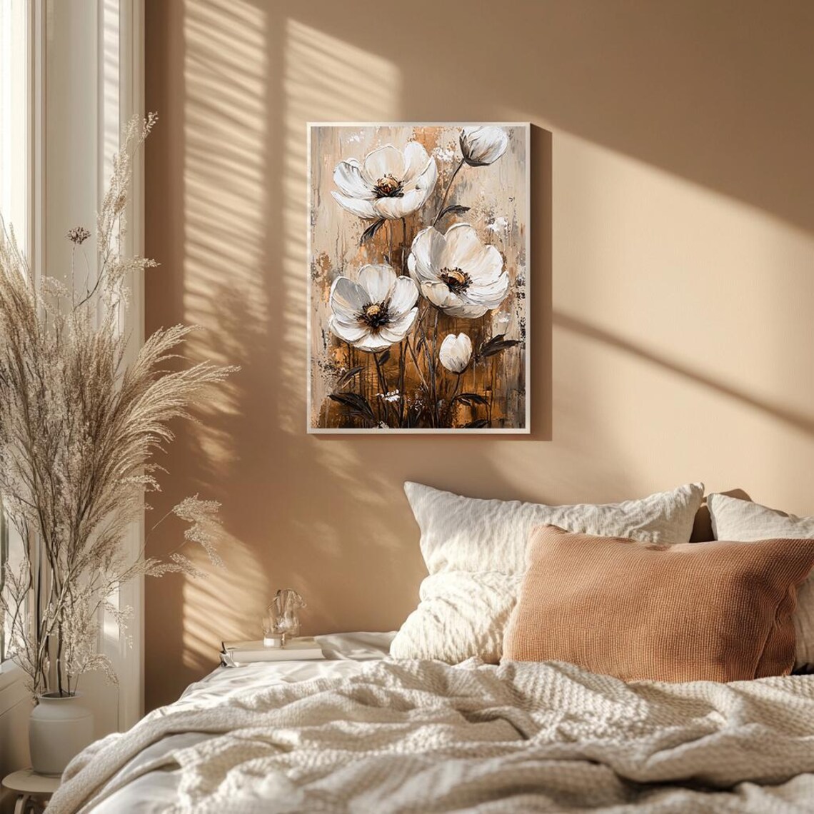 White Floral Oil Painting Rustic Neutral Flower Bloom Art Poster - Image 2