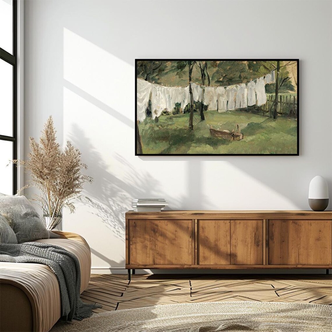 Clothesline with White Linen Sunlit Garden Vintage Painting Poster - Image 4