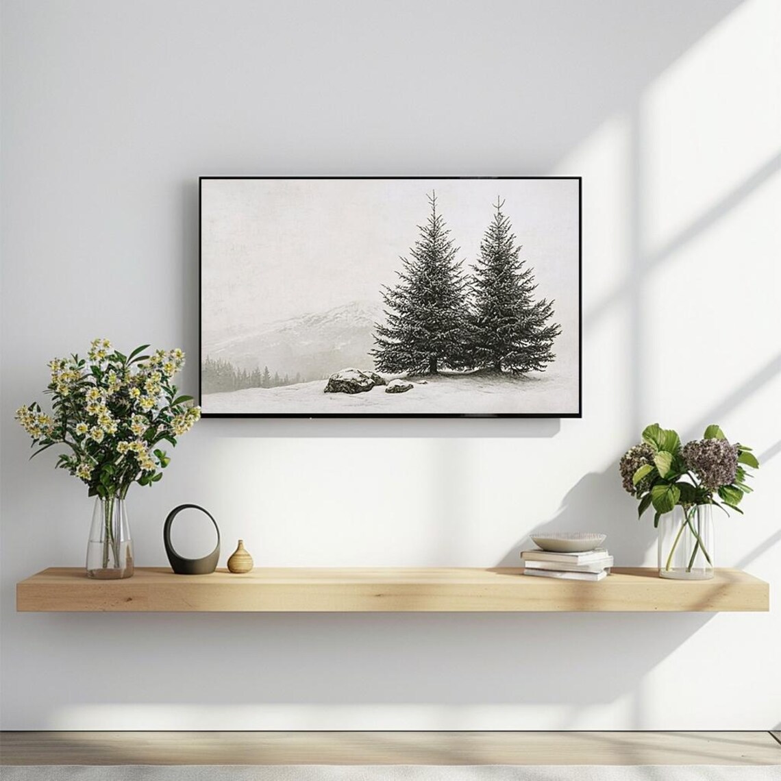 Snowy Evergreen Trees Gray Mountain Winter Landscape Art Poster - Image 2