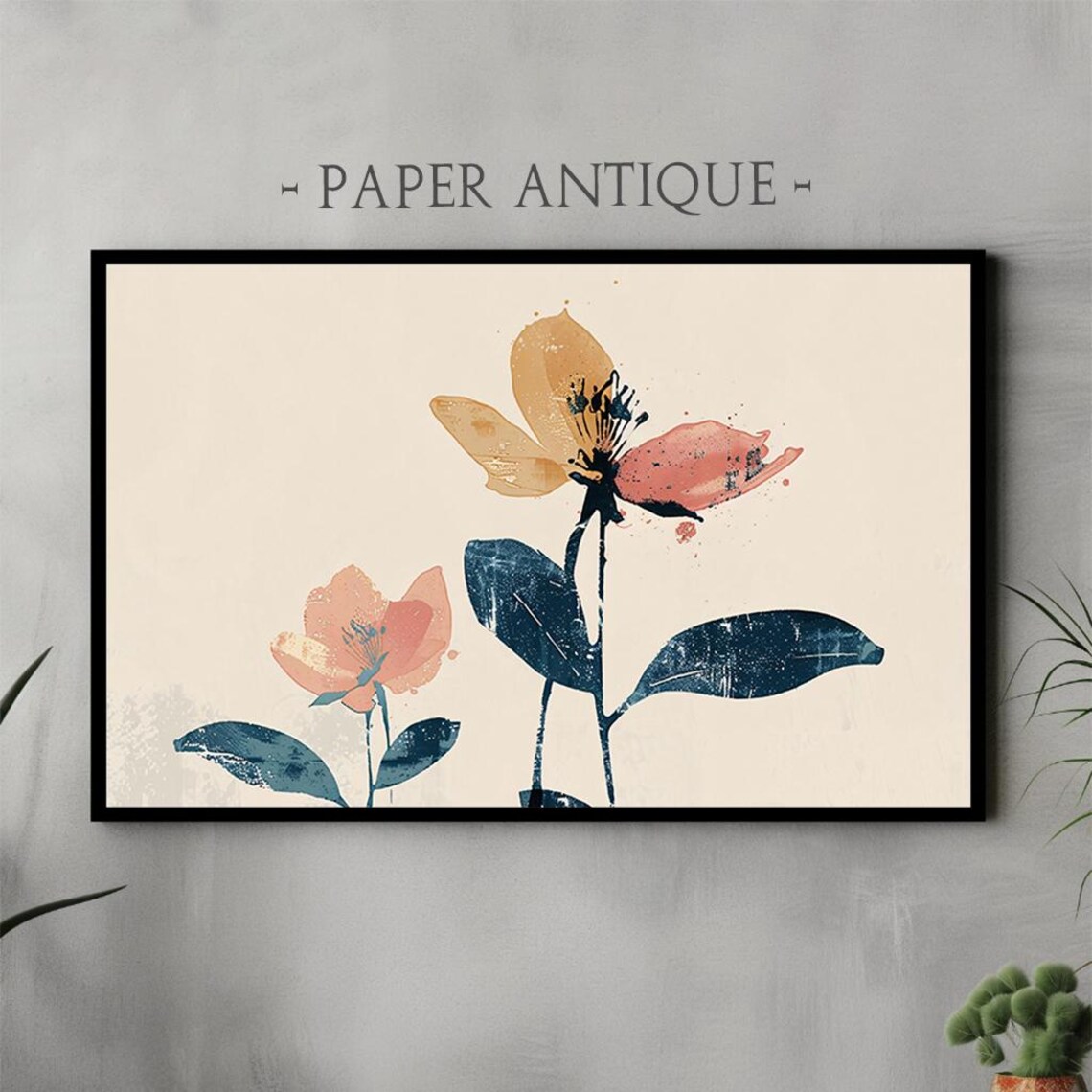 Modern Minimalist Floral Two Stylized Flowers Navy Leaves Poster