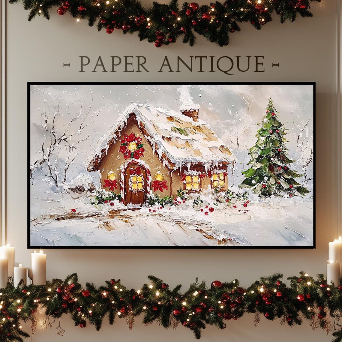 Snowy Cottage With Red Bows Christmas Tree Winter Art Poster