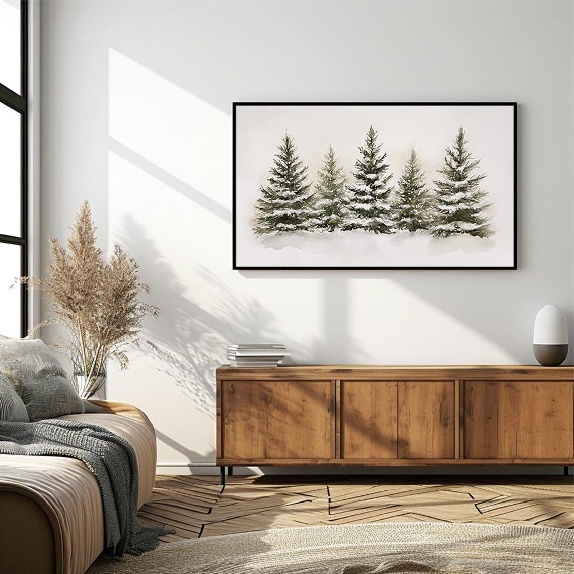 Snowy Pine Trees Watercolor Minimalist White Winter Scene Poster - Image 4