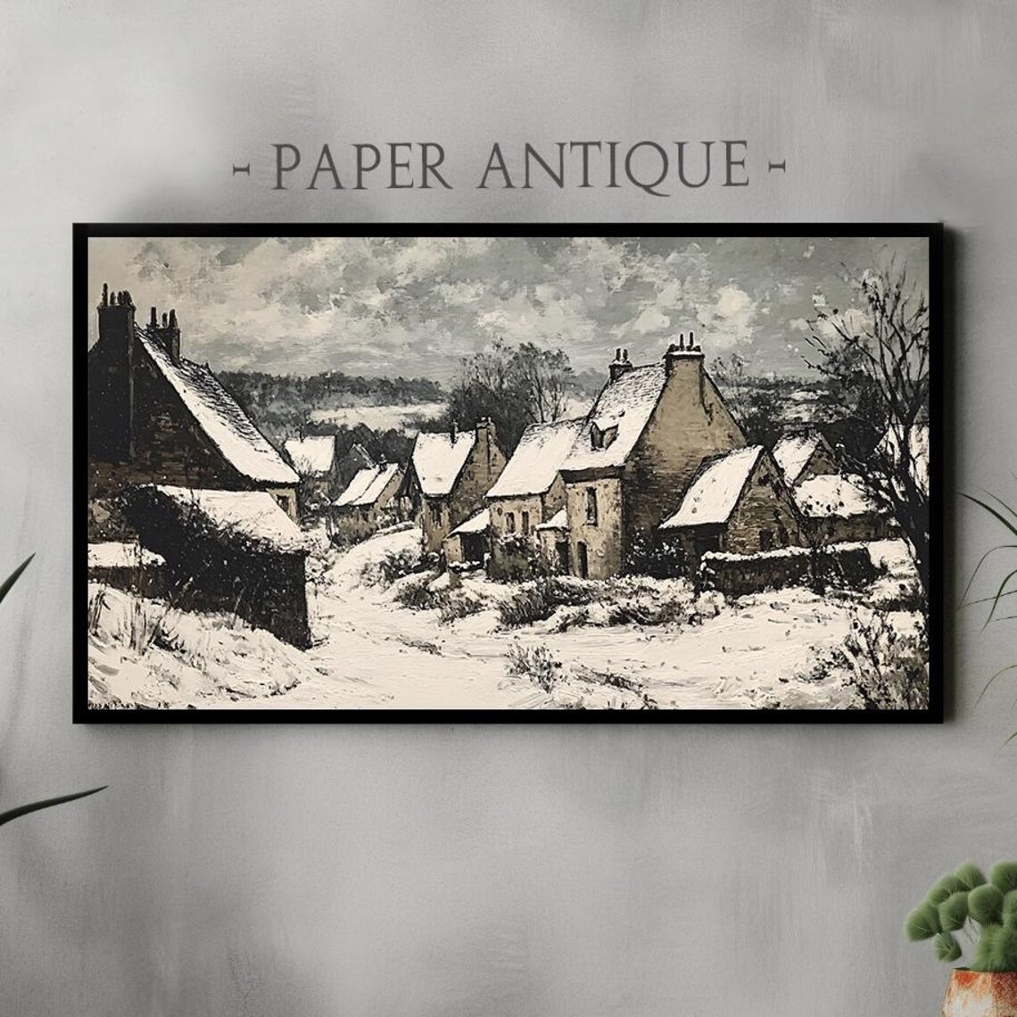 Snowy Village Cottages Rustic Winter Landscape Oil Painting Poster
