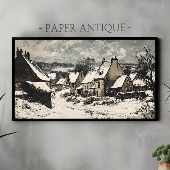 Snowy Village Cottages Rustic Winter Landscape Oil Painting Poster