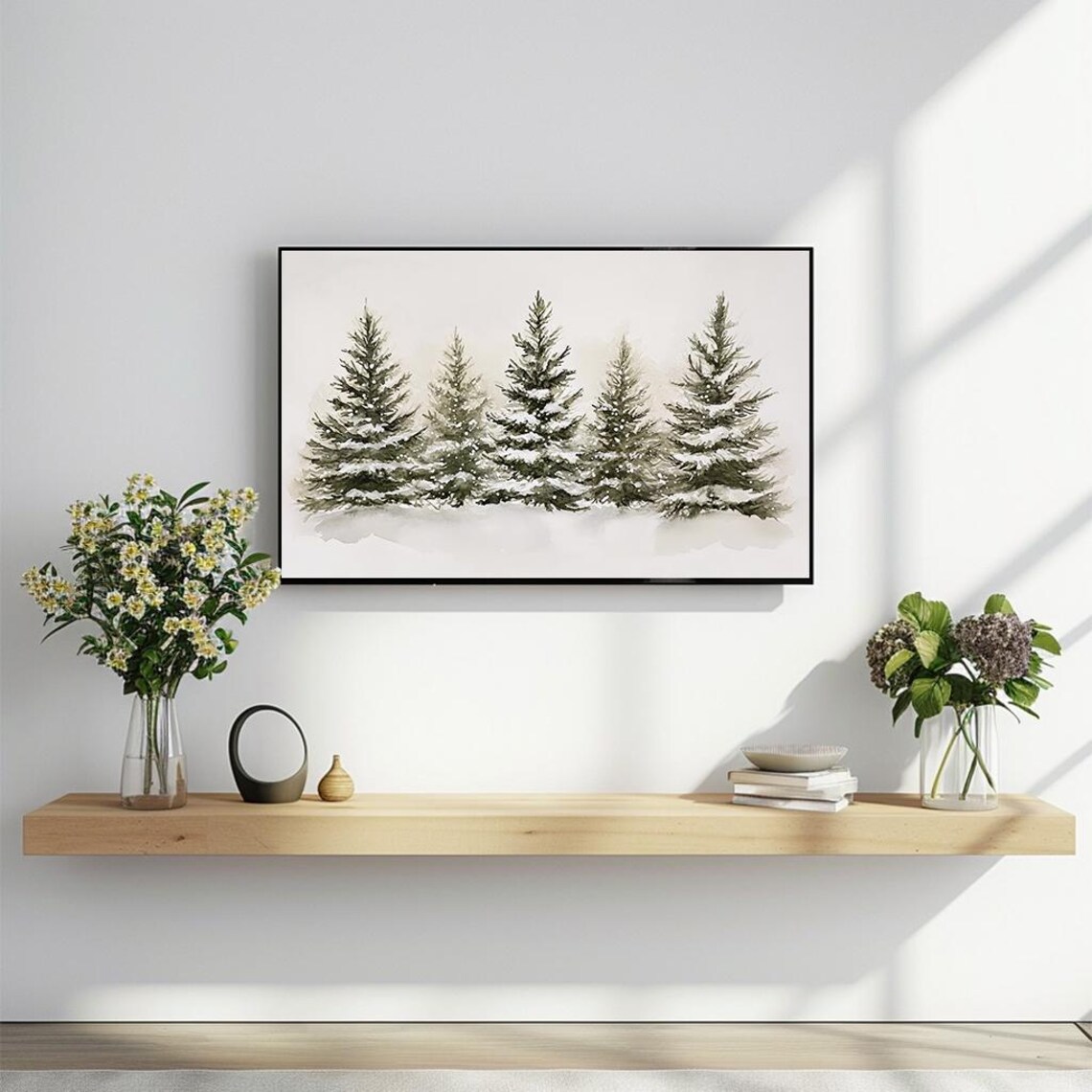 Snowy Pine Trees Watercolor Minimalist White Winter Scene Poster - Image 2