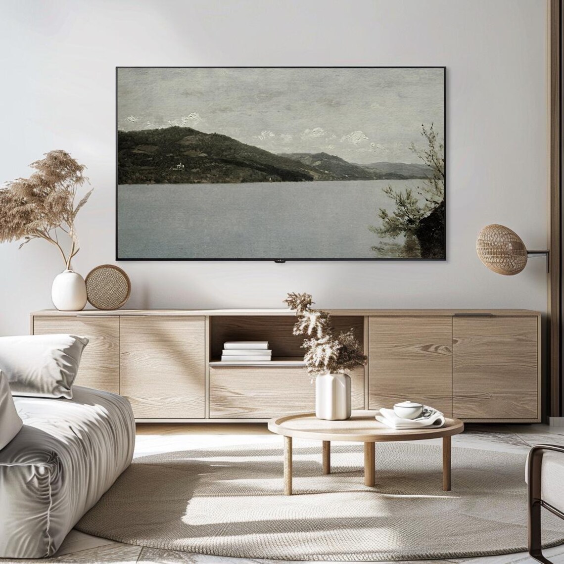 Misty Gray Lake Dark Hills Moody Vintage Landscape Art Poster - Image 5