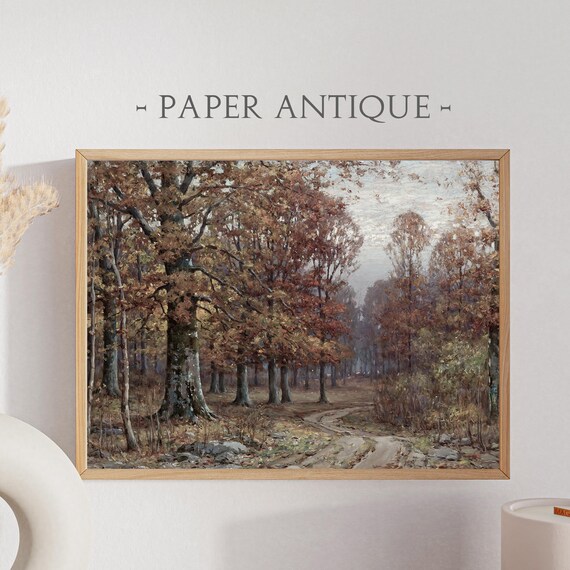 Autumn Forest Path Tall Trees Dirt Road Golden Woodland Painting Poster
