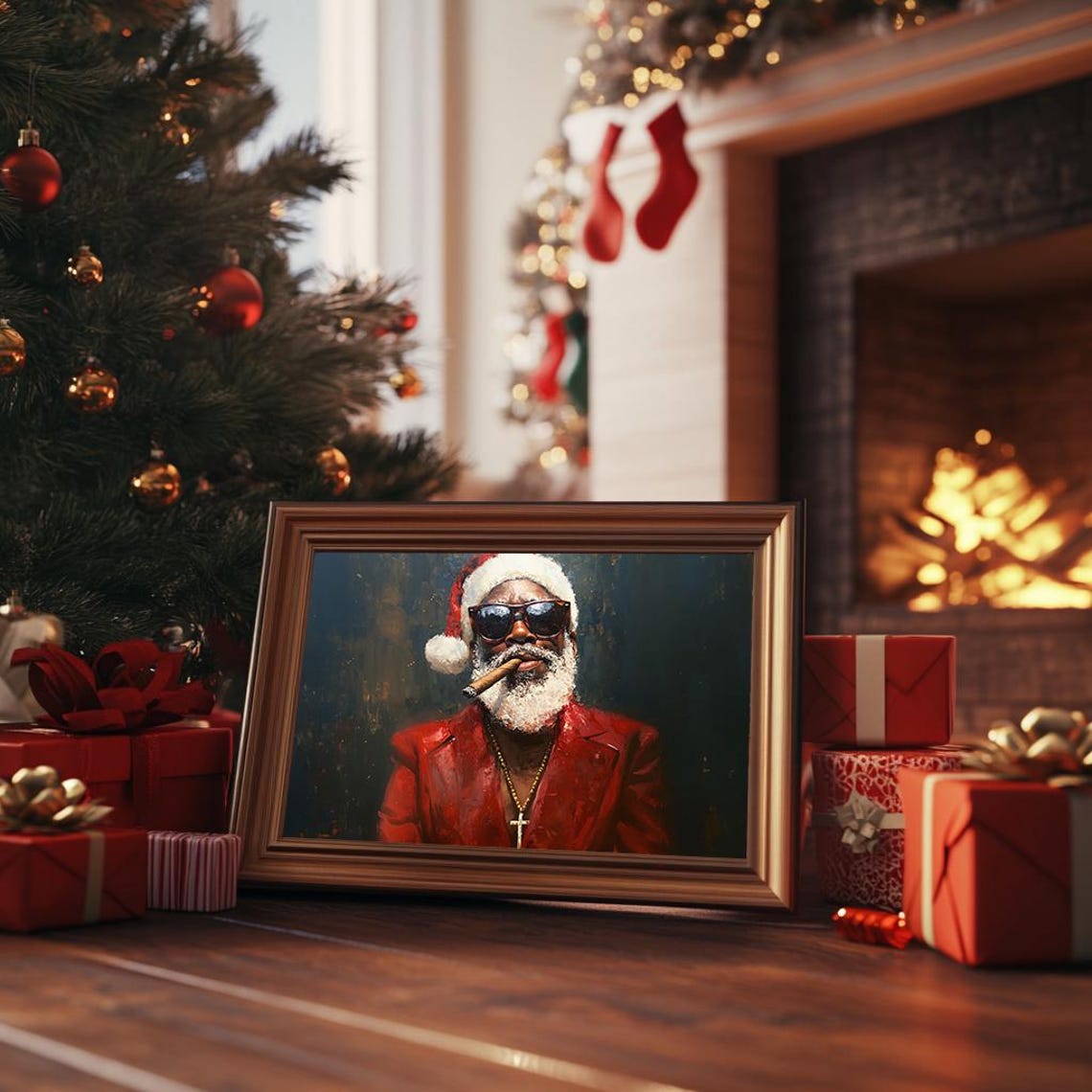 Bold Cool Santa Sunglasses Cigar Dark Oil Painting Modern Poster - Image 3