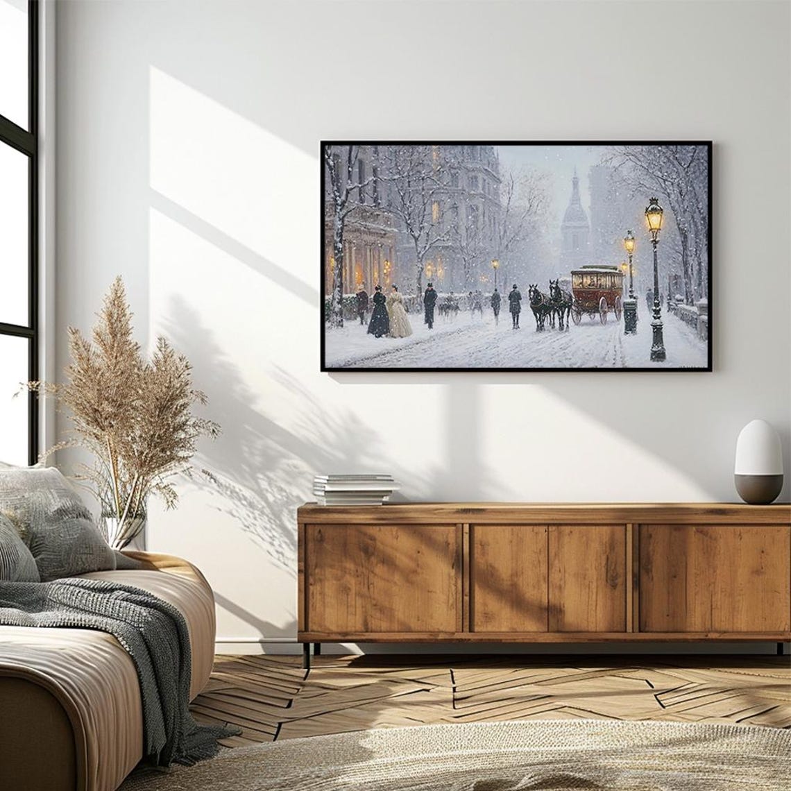 Victorian Winter Street Horse Carriage Snowy Evening Panorama Poster - Image 4