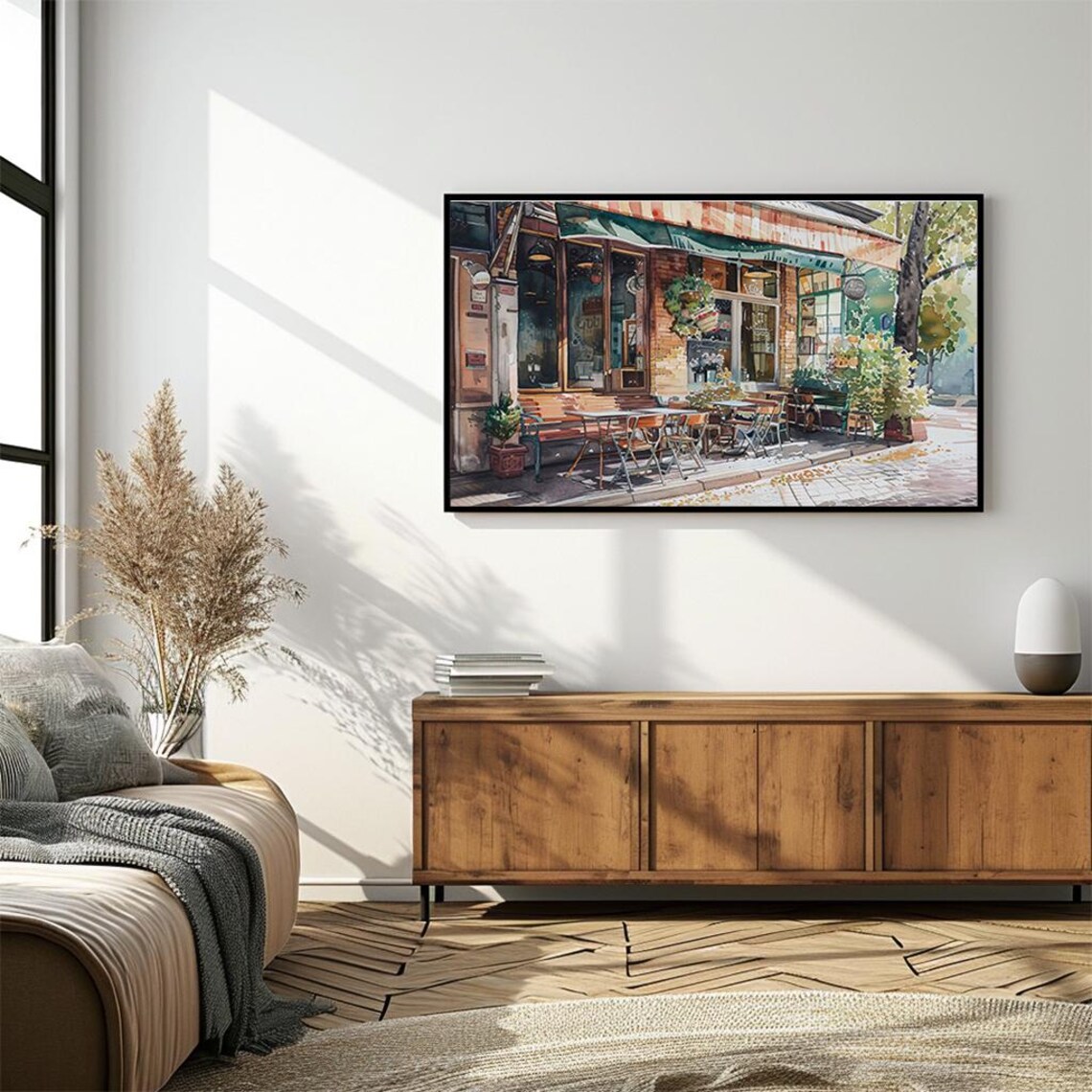 Watercolor European Cafe Street Scene Outdoor Tables Sunlit Poster - Image 4