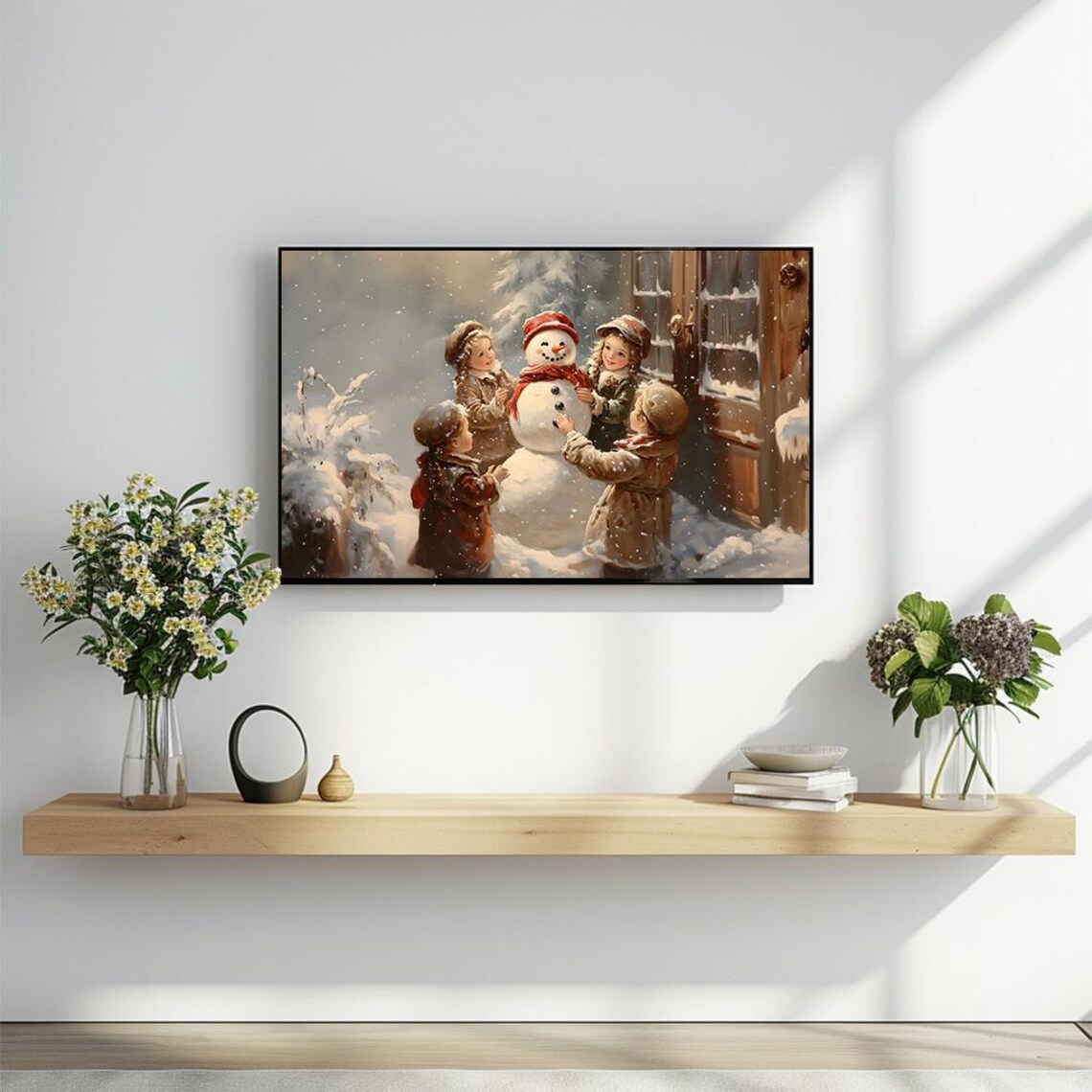 Children Building Snowman Vintage Victorian Winter Scene Holiday Poster - Image 2