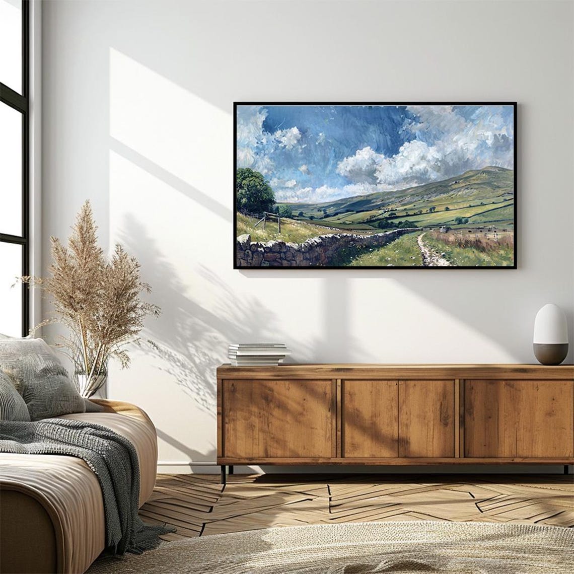 Impressionist Rolling Hills Stone Wall Big Clouds Countryside Poster - Image 4