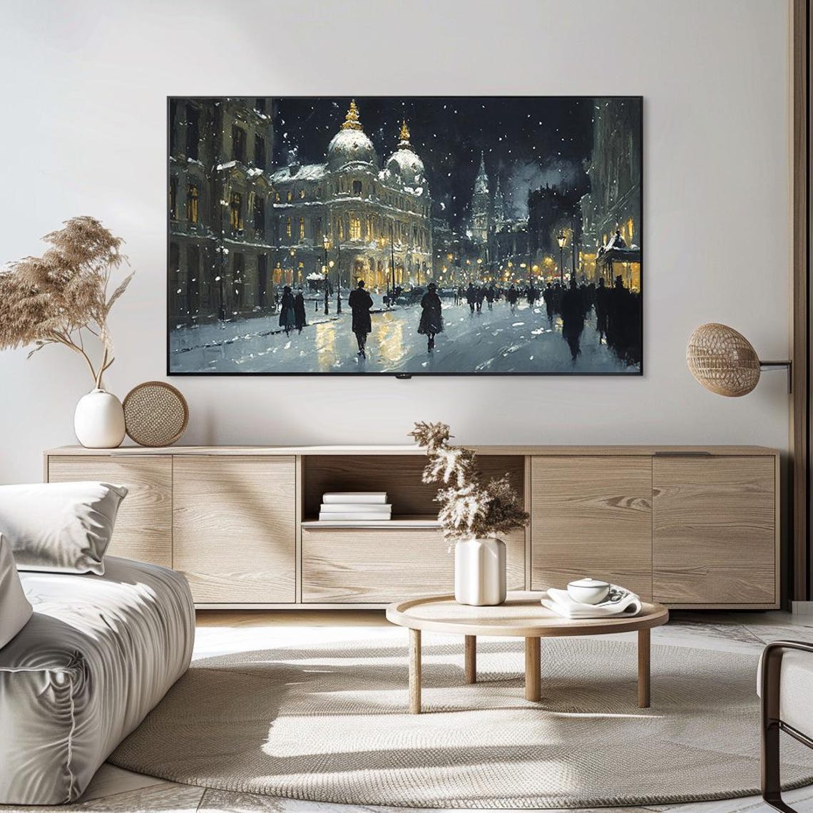 Snowfall In City Square Elegant Architecture Winter Night Scene Poster - Image 5