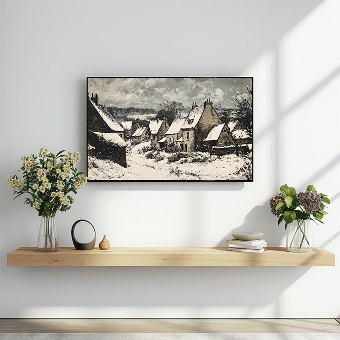 Snowy Village Cottages Rustic Winter Landscape Oil Painting Poster - Image 2