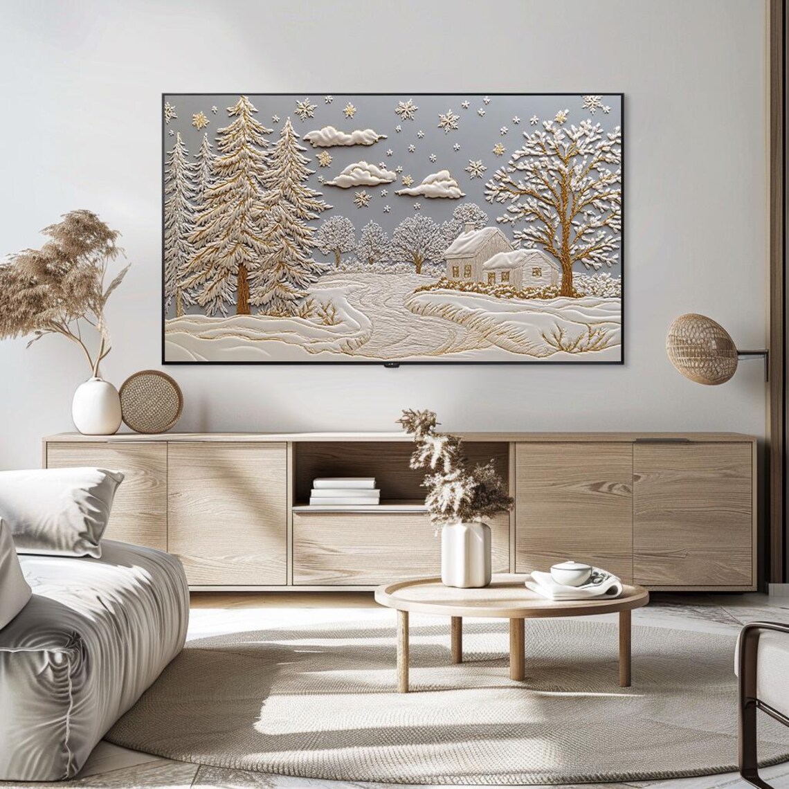 Embossed Winter Village Trees And Snow Gold Ivory Relief Art Poster - Image 5