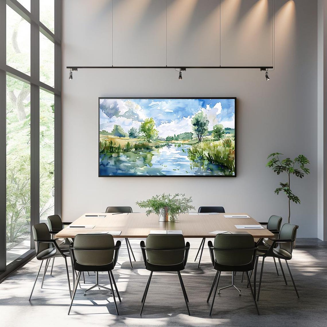 Bright Sunlit River with Lush Green Banks Watercolor Spring Poster - Image 3