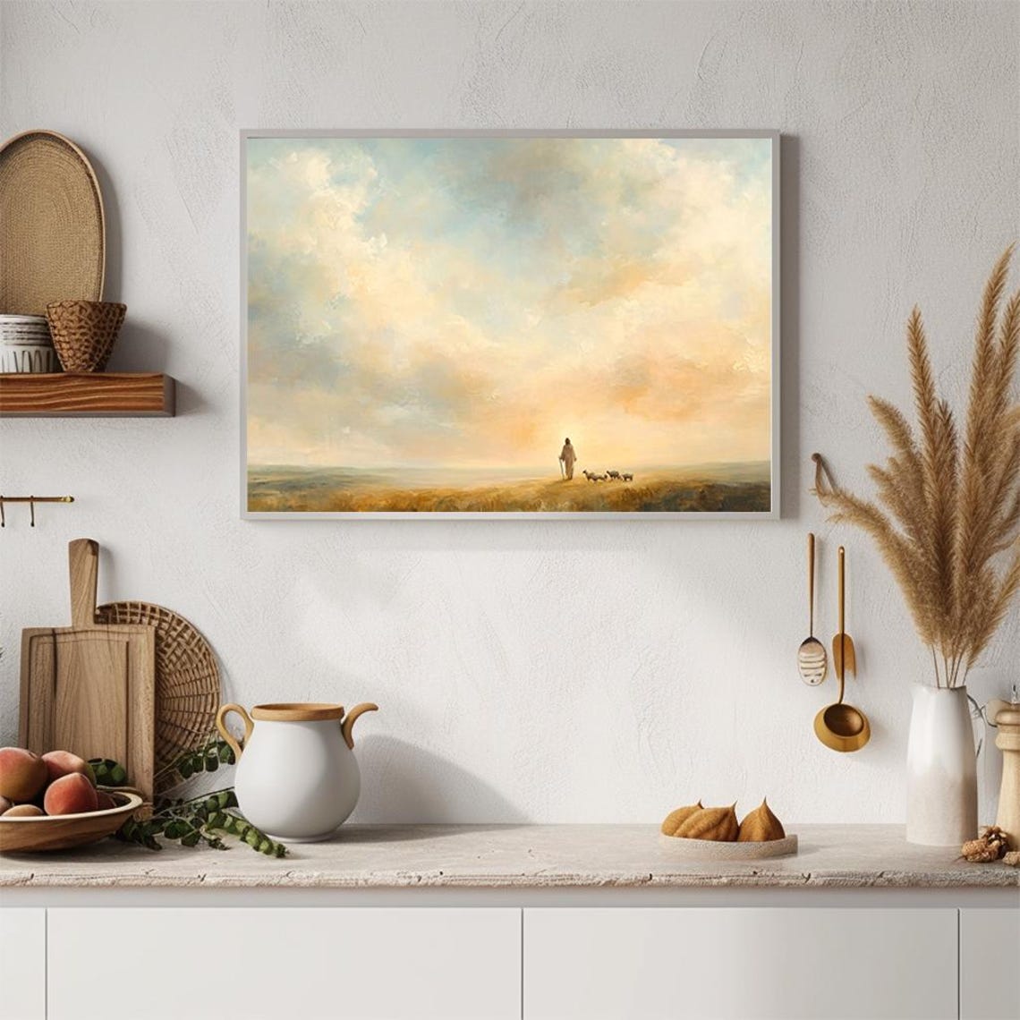 Shepherd With Sheep Golden Sunset Pastel Sky Painting Poster - Image 2