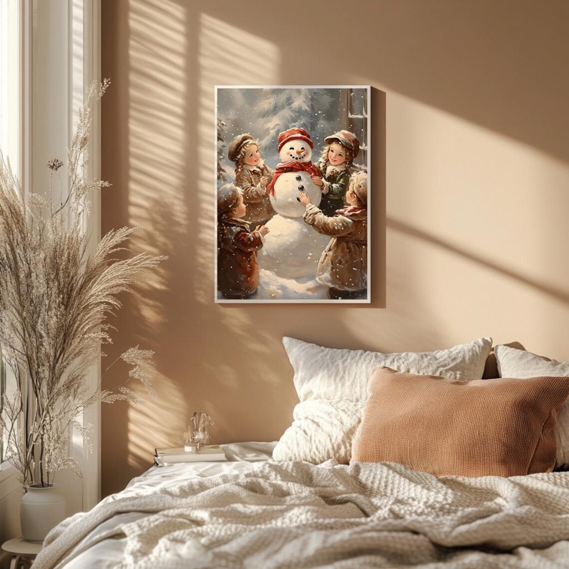 Children Building Snowman in Falling Snow Vintage Style Christmas Poster - Image 2