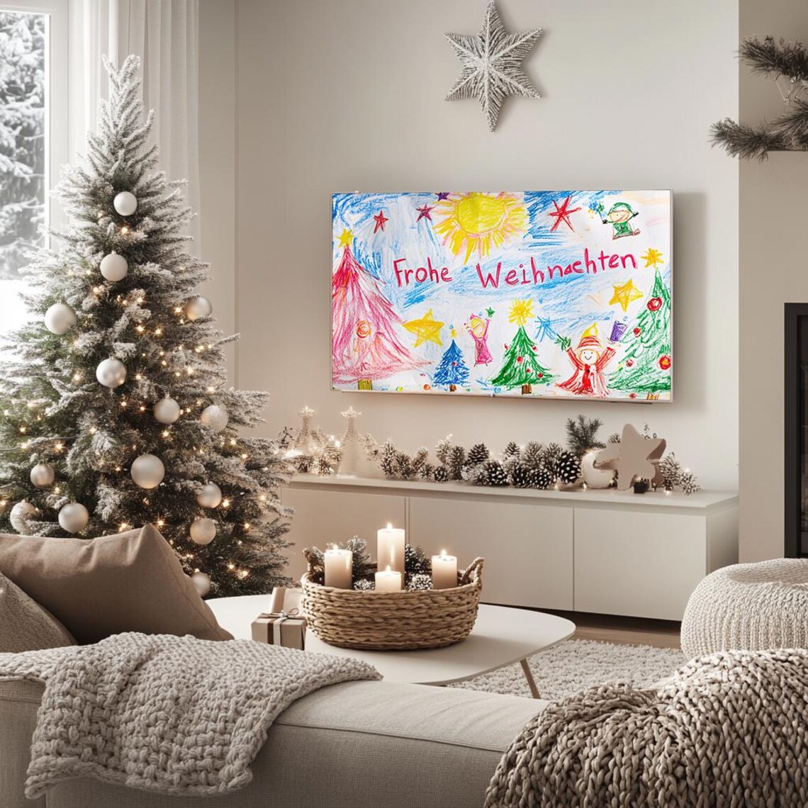 Colorful Christmas Drawing with Trees Stars Frohe Weihnachten Poster - Image 5