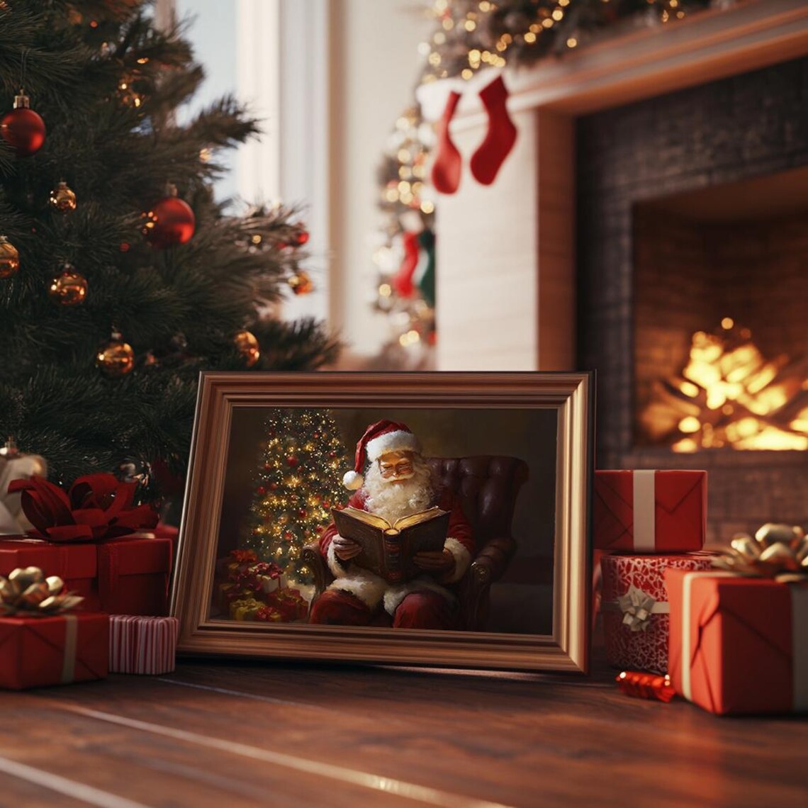 Santa Reading By The Christmas Tree Cozy Vintage Holiday Poster - Image 3