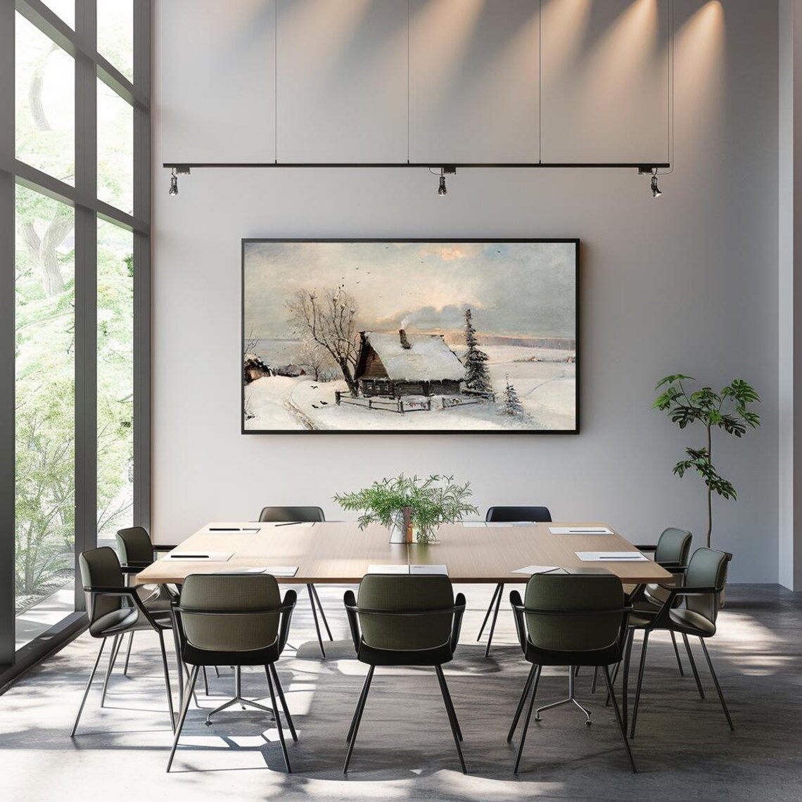 Snowy Winter Cottage Smoke Chimney Rustic Snowfield Painting Poster - Image 3