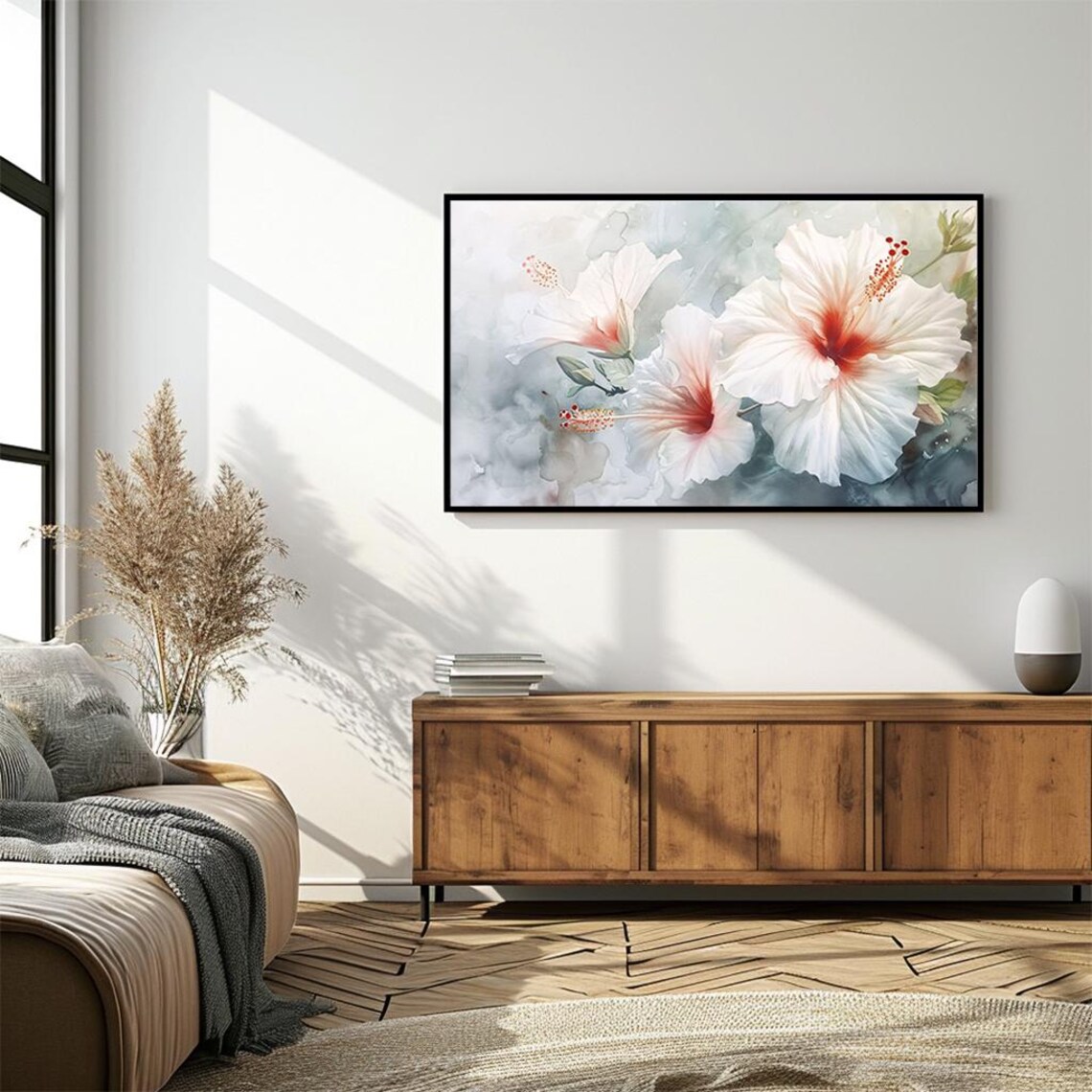 Large White Hibiscus Flowers Soft Watercolor Botanical Poster - Image 4
