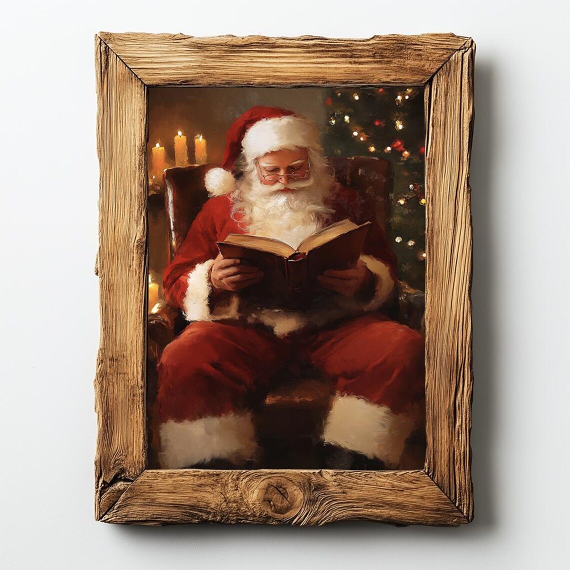 Santa Claus Reading A Book In Armchair Cozy Christmas Scene Poster