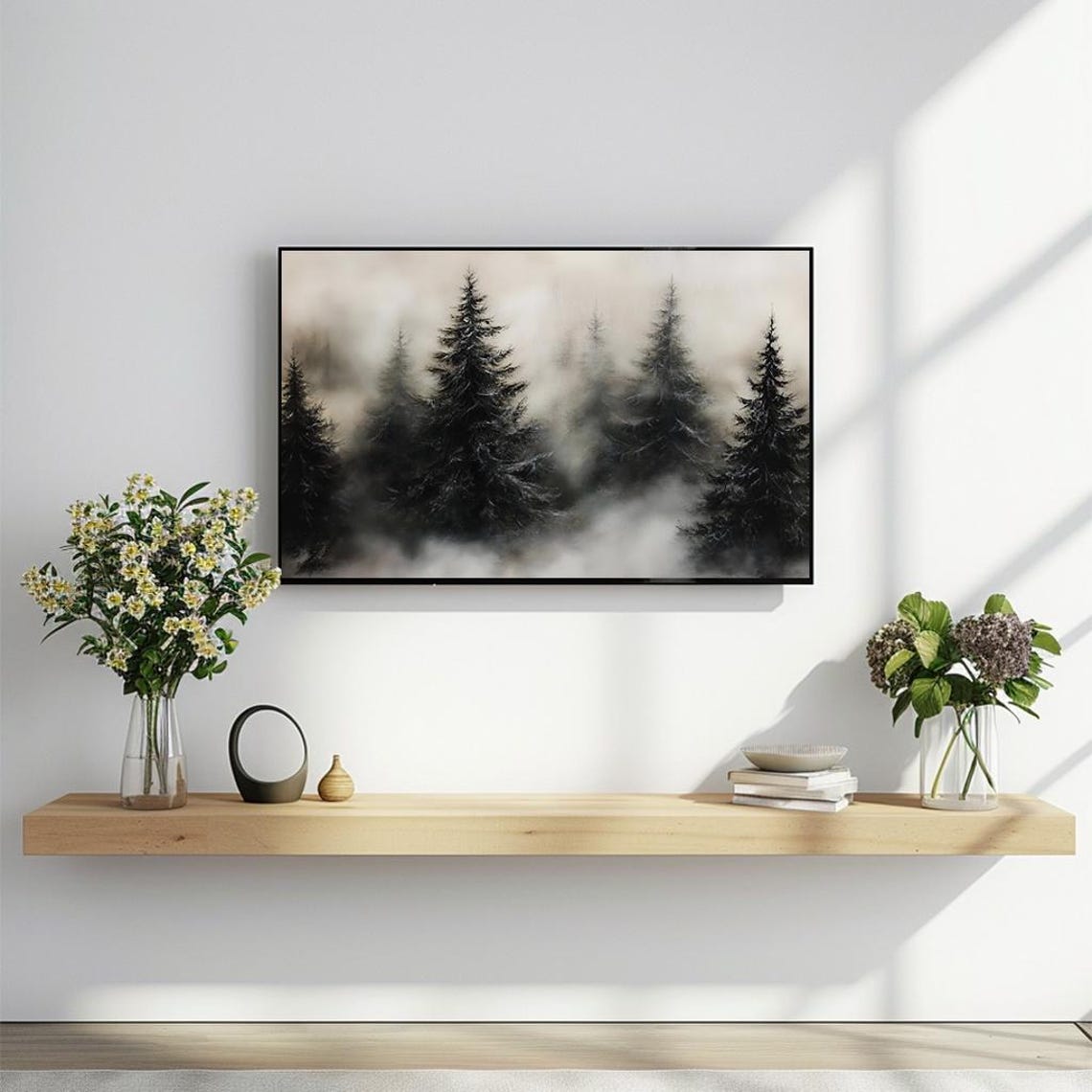 Misty Pine Forest in Fog Moody Black and White Nature Poster - Image 2
