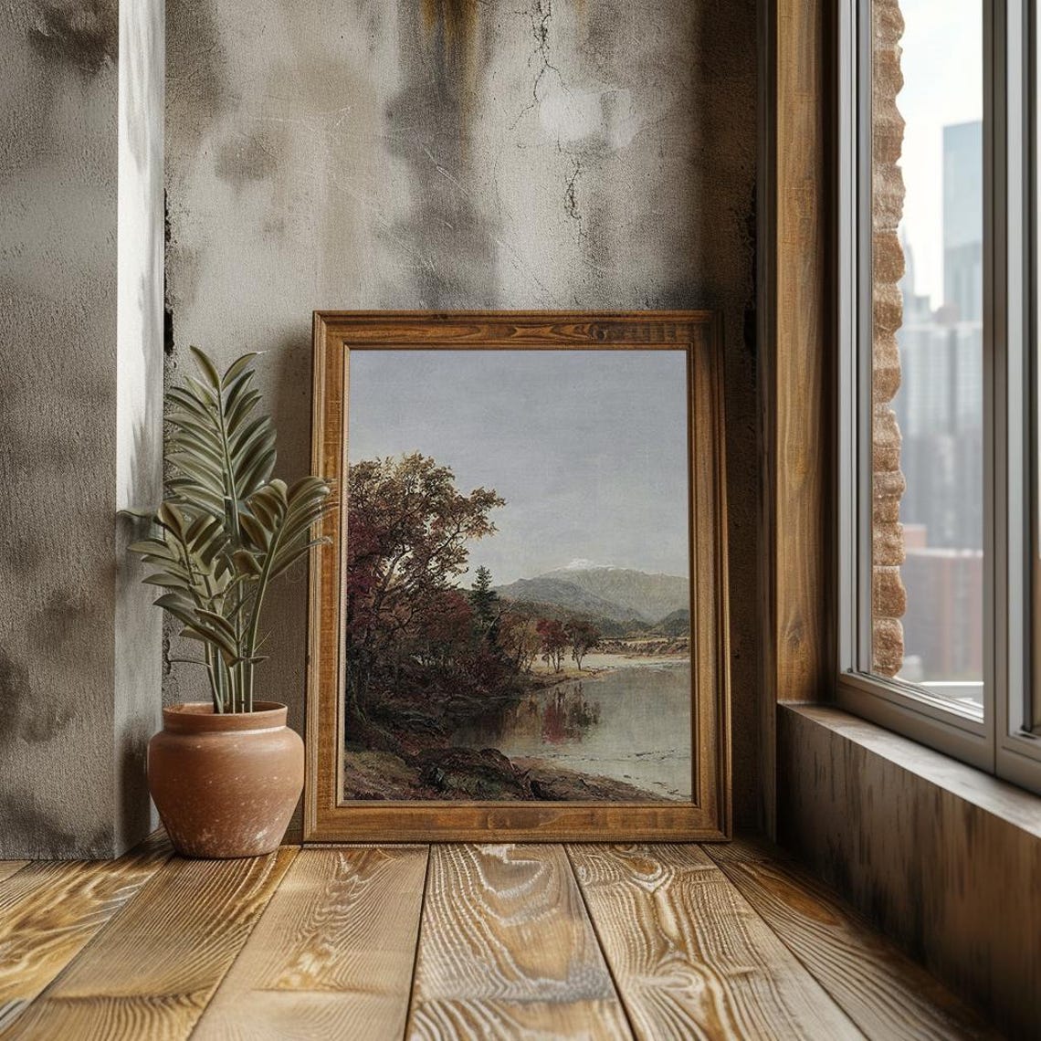 Mountain Lake Autumn Trees Distant Peaks Rustic Painting Poster - Image 3