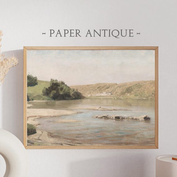 Landscape Oil Painting Riverbank With Calm Waters And Hillside Scenery Nature Art Print Instant Wall Art Ls