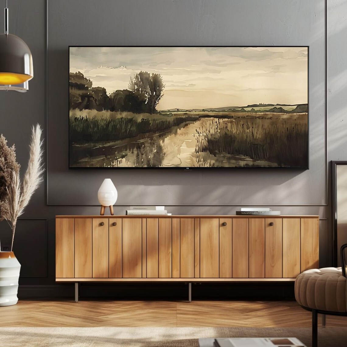 Serene Wetland Stream Watercolor Sepia Marsh Landscape Poster - Image 2