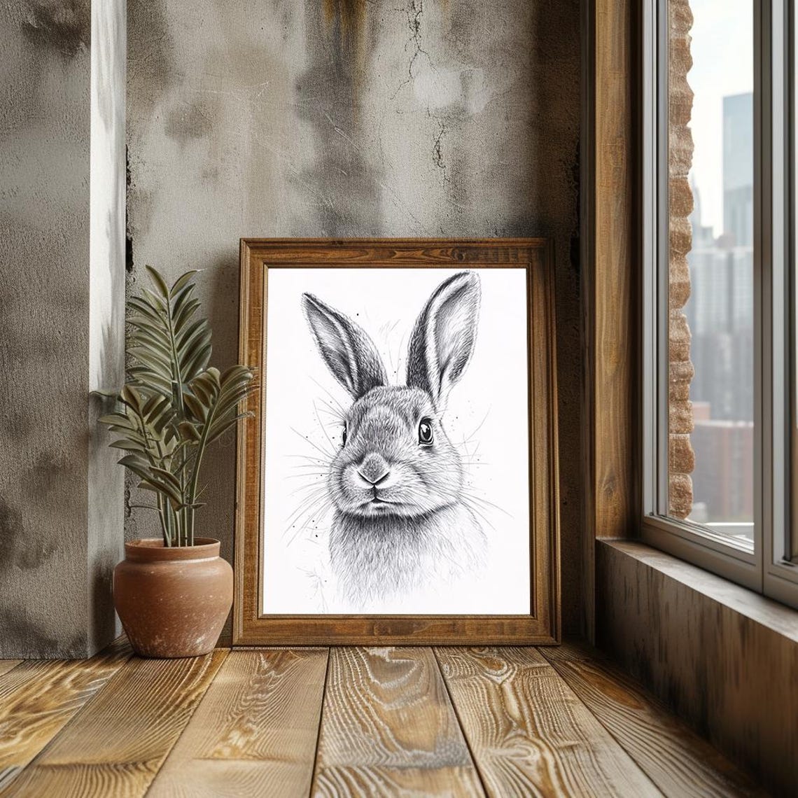 Rabbit Portrait Detailed Black and White Animal Sketch Art Poster - Image 3