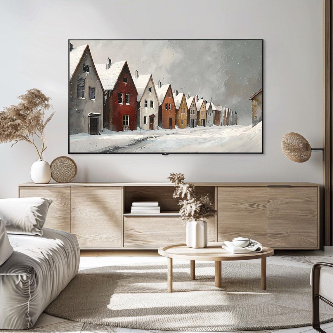 Calm Snow Covered Village Street Winter Morning Painting Poster - Image 5