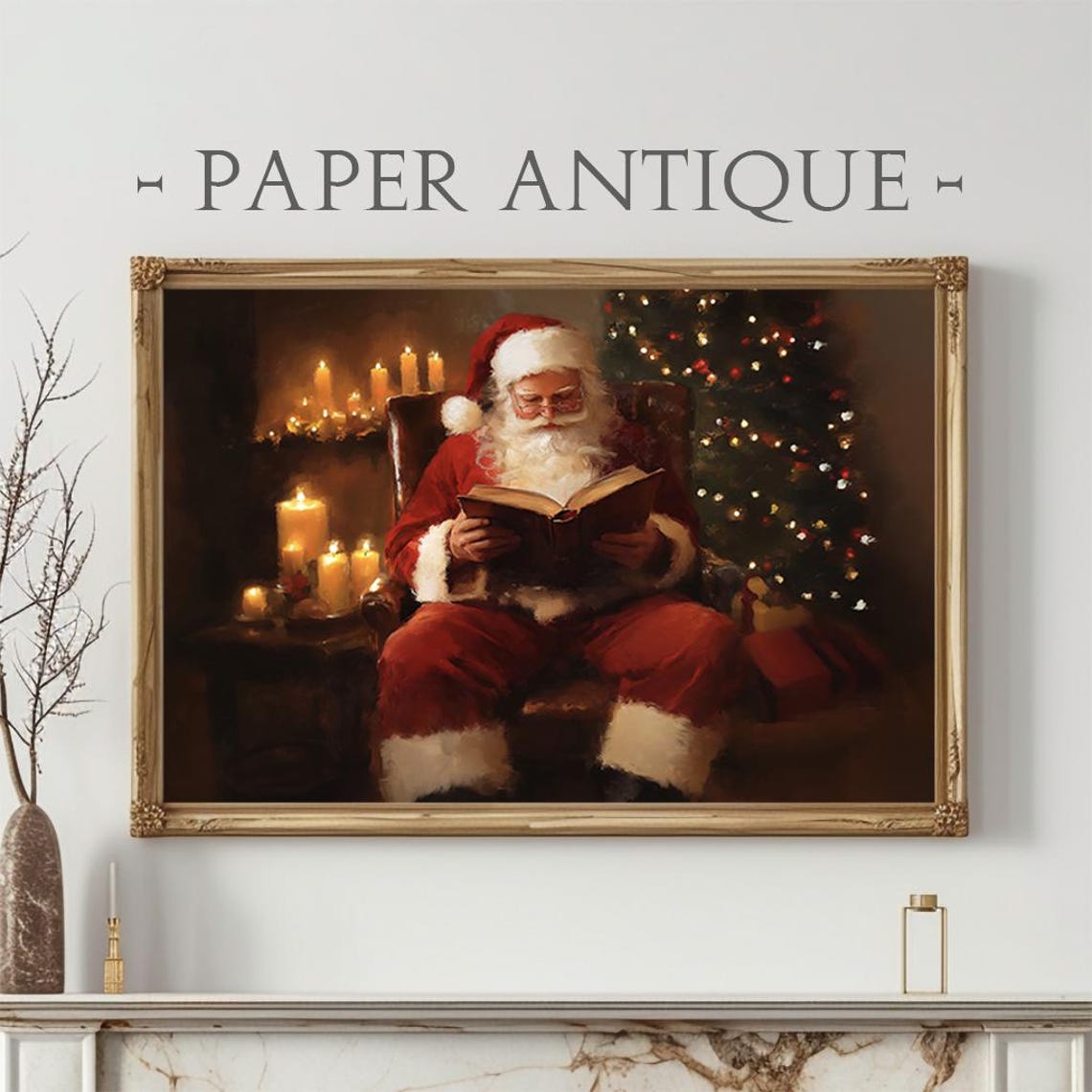 Santa Reading Candlelight Cozy Night Book Painting Christmas Poster