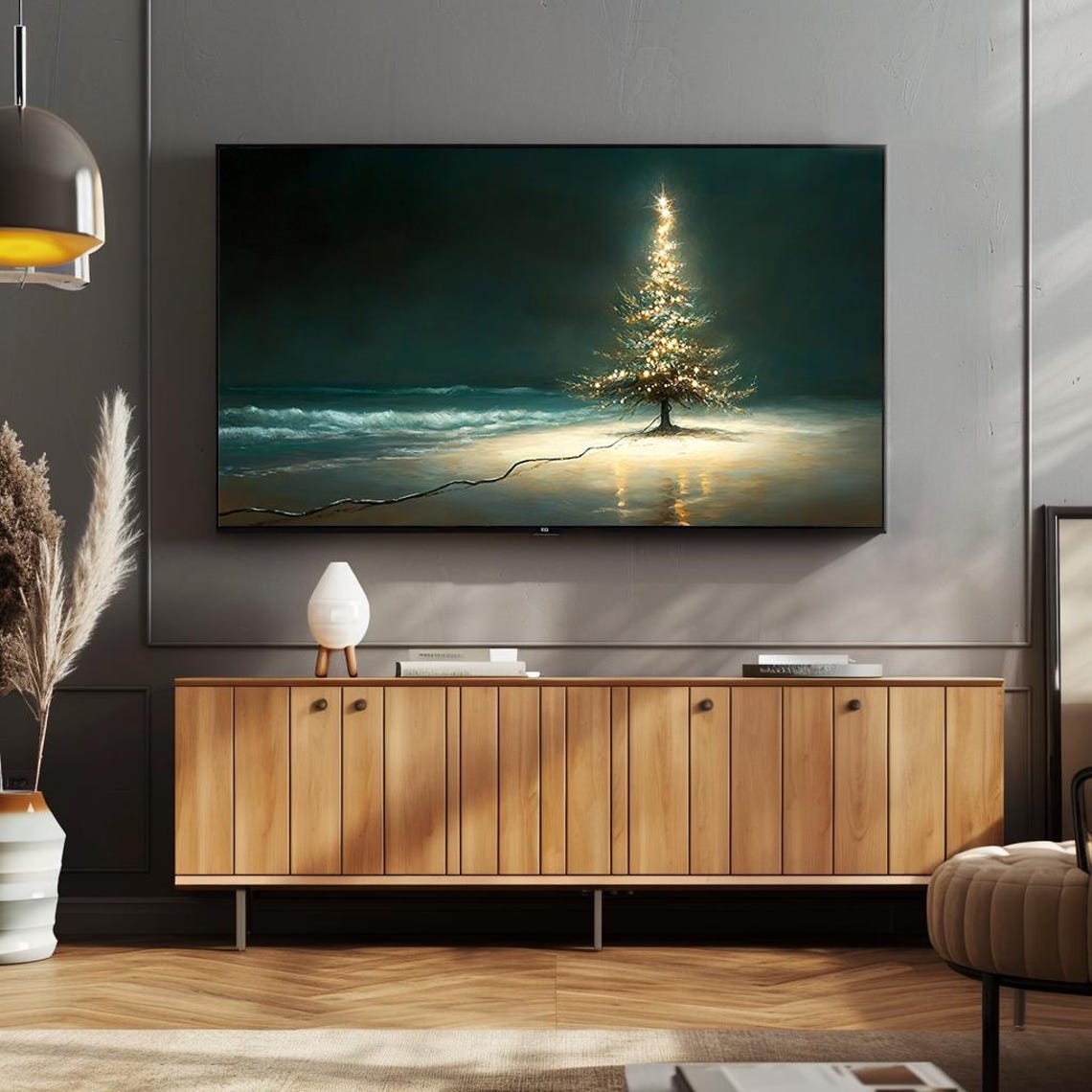 Lit Christmas Tree On Night Beach Ocean Waves Magical Holiday Poster - Image 4