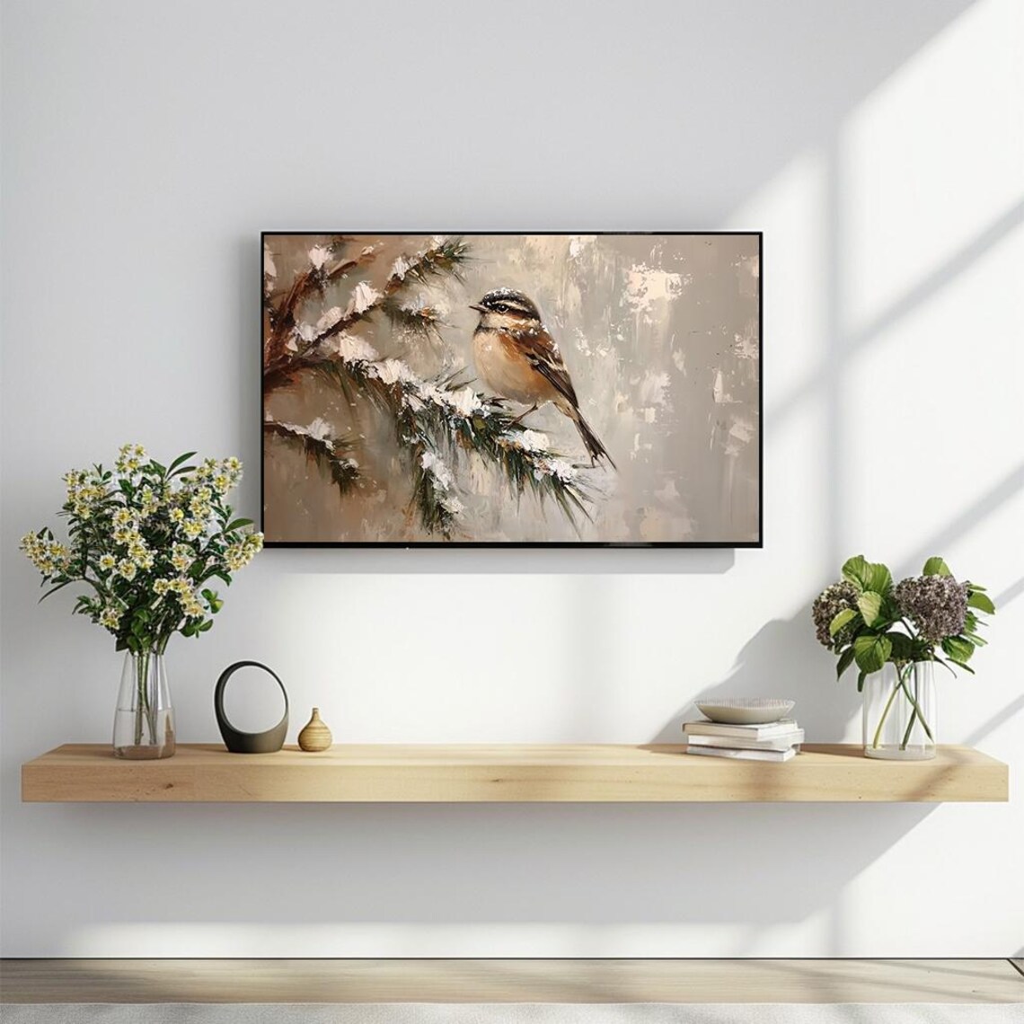 Winter Songbird On Snowy Pine Branch Serene Oil Painting Poster - Image 2