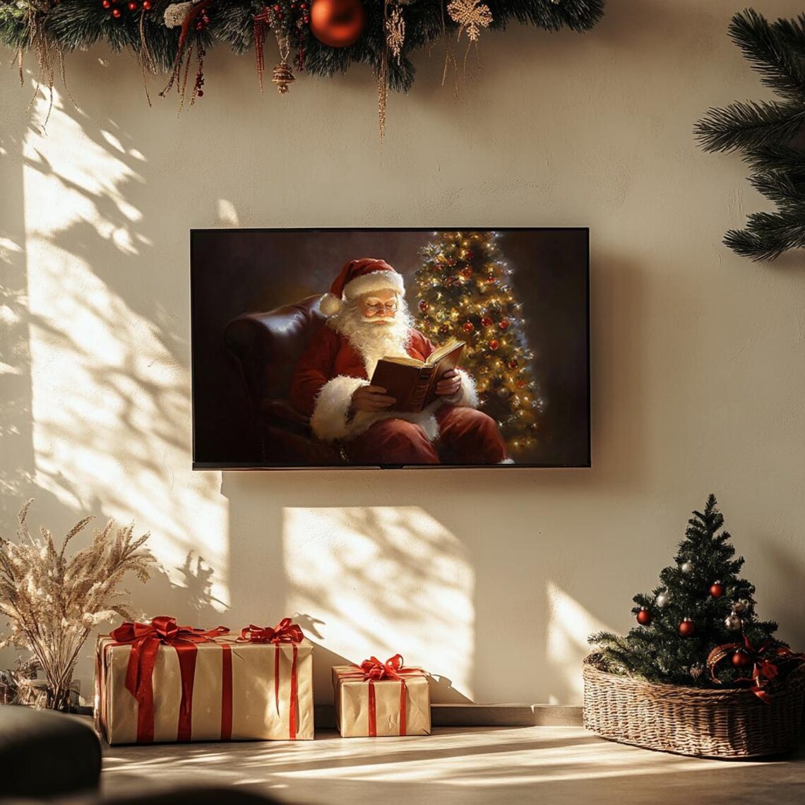 Santa Claus Reading By Christmas Tree In Leather Chair Holiday Poster - Image 3