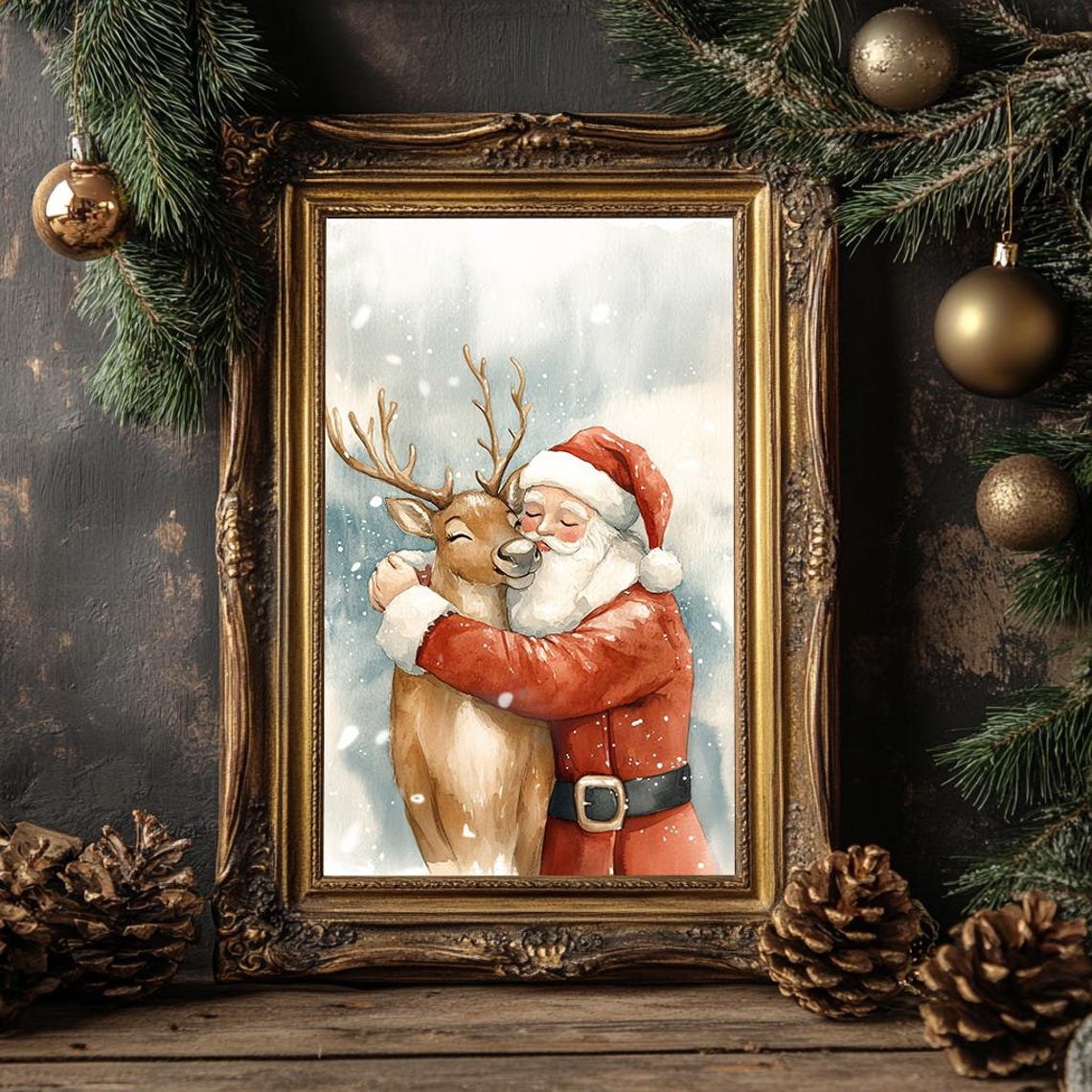 Santa Claus Embracing Reindeer in Snowfall Watercolor Christmas Poster - Image 4
