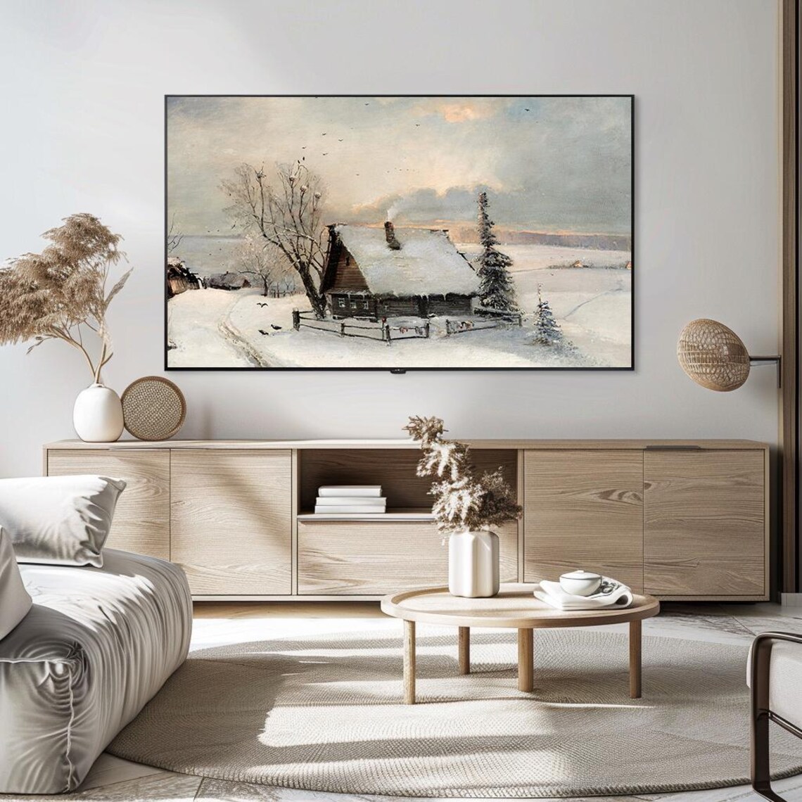 Snowy Winter Cottage Smoke Chimney Rustic Snowfield Painting Poster - Image 5