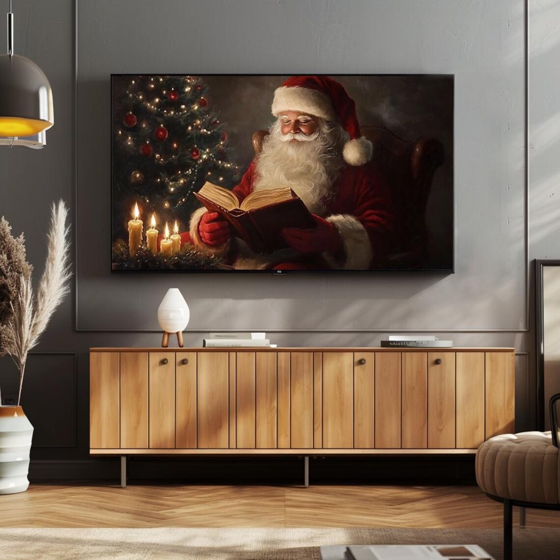 Santa Claus Reading by Christmas Tree Candlelight Oil Poster - Image 4