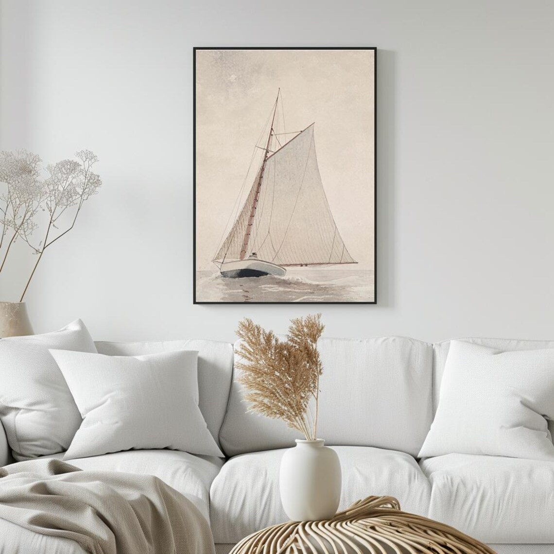 Single Sailboat On Calm Water Minimalist Sepia Watercolor Poster - Image 5