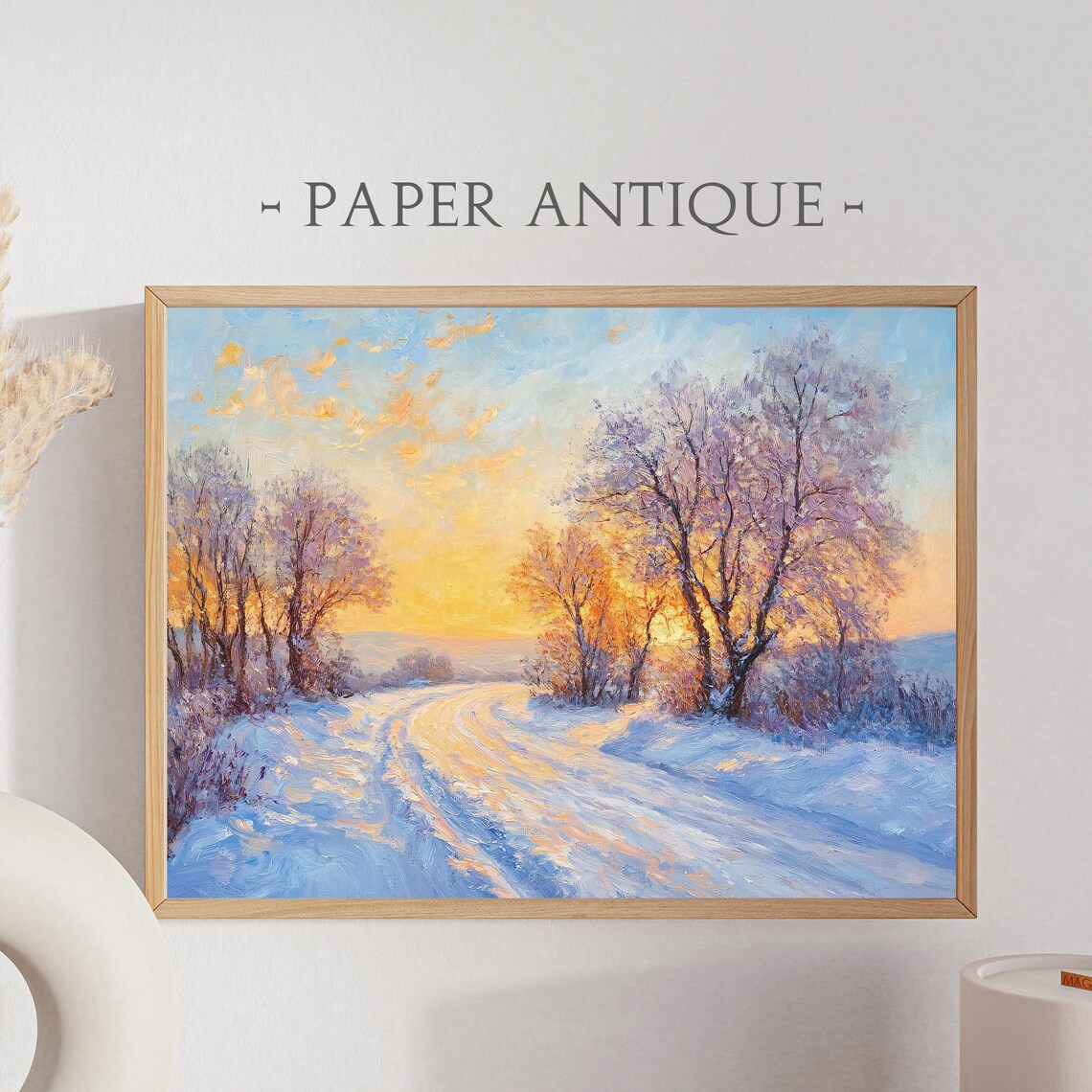 Winter Sunset Landscape Snowy Road Golden Oil Painting Holiday Poster