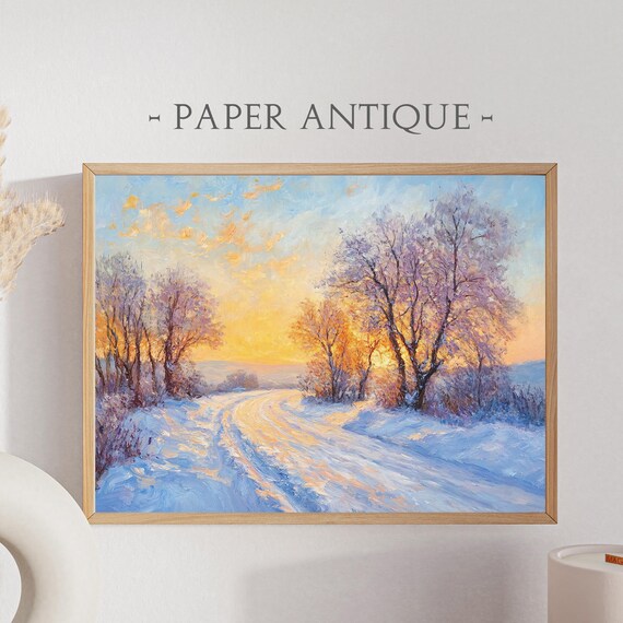 Winter Sunset Landscape Snowy Road Golden Oil Painting Holiday Poster