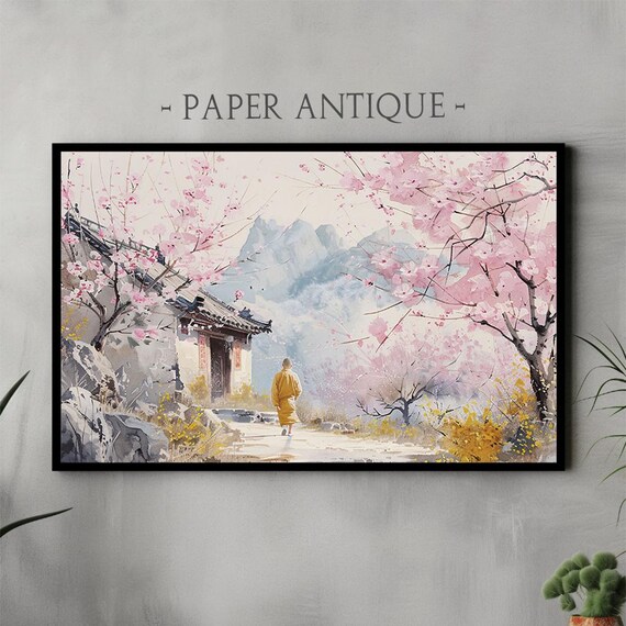 Cherry Blossom Spring Temple Monk Mountain Serene Landscape Poster