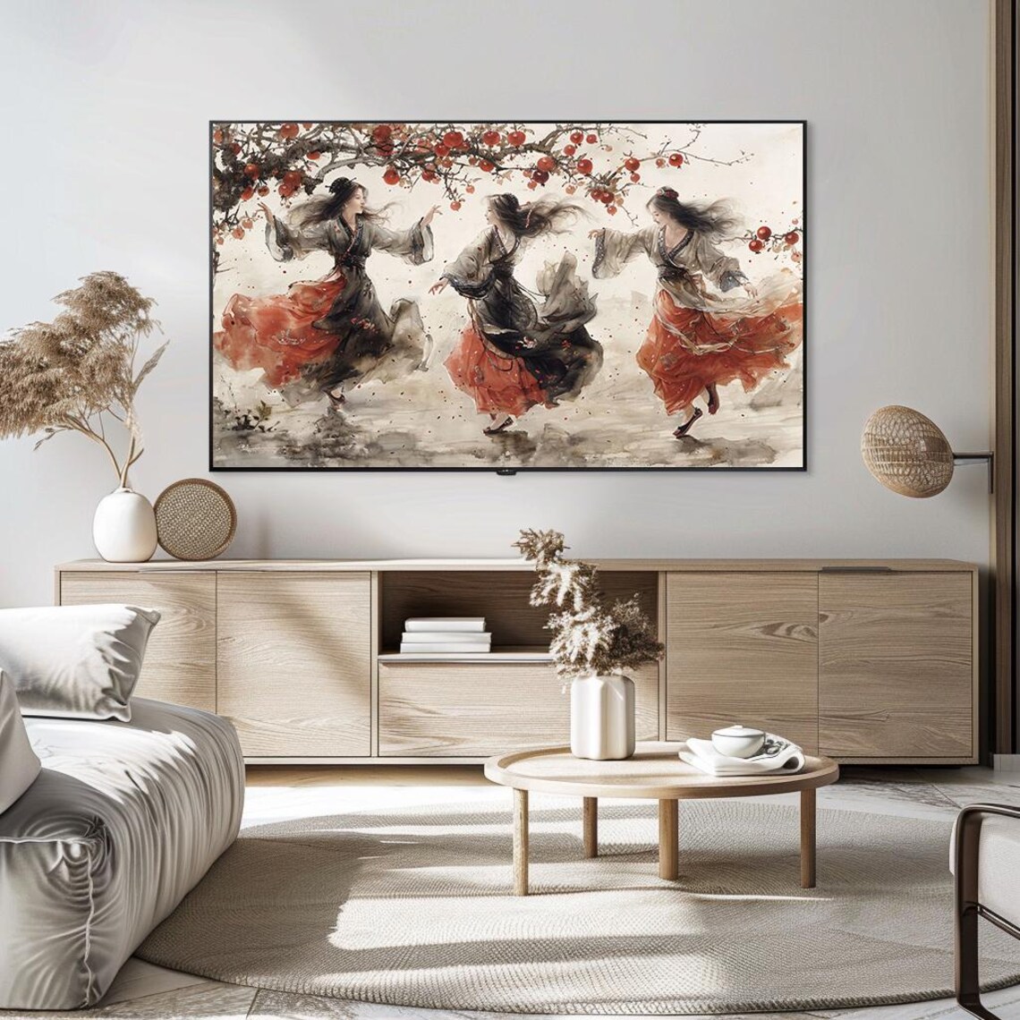 Dancing Women Ink Wash Painting under Red Fruit Branch Poster - Image 5